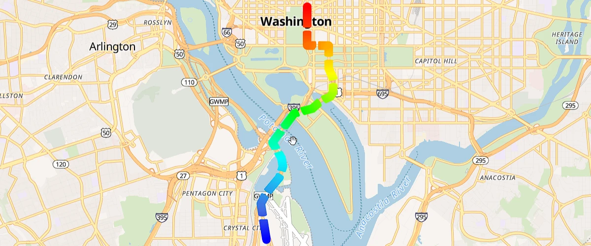 Use the line-gradient and line-dasharray paint properties together to create a dashed line with gradient colors.