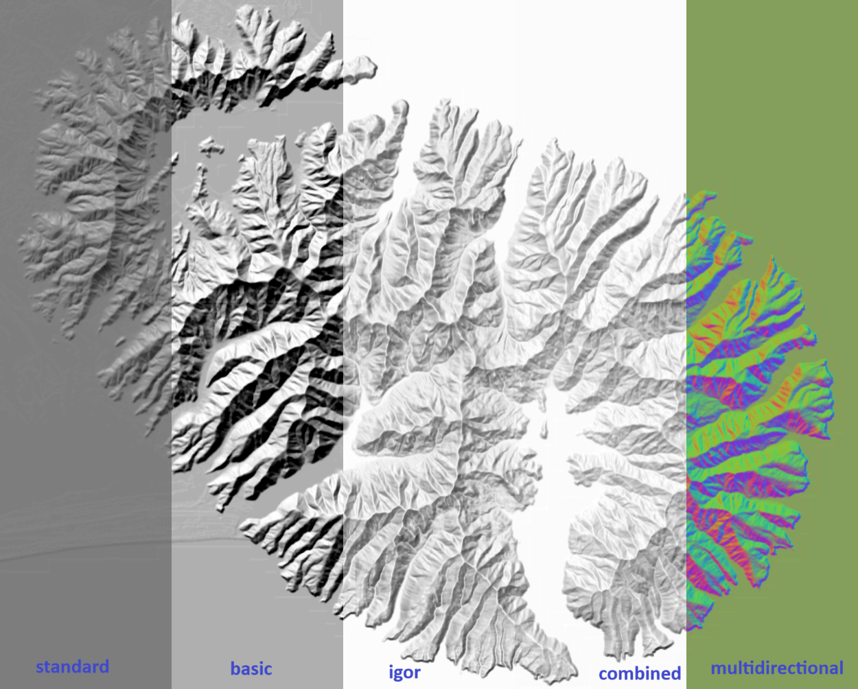 Visual comparison of standard, basic, igor, combined, and multidirectional hillshade-method